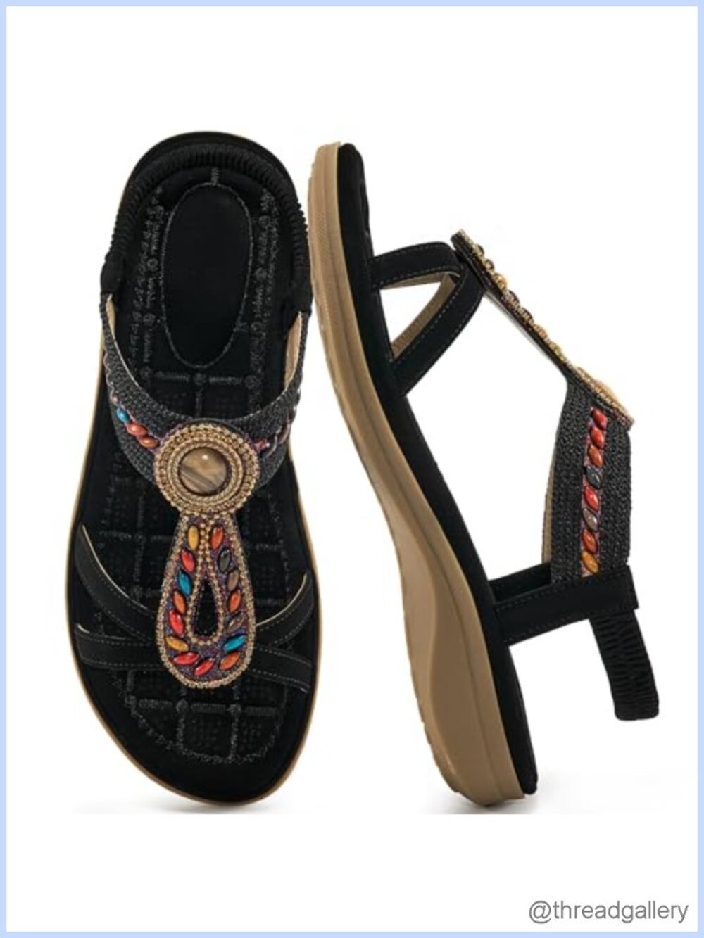 Bohemian Beaded Flat Sandals Faux Leather Memory Foam Ankle Strap